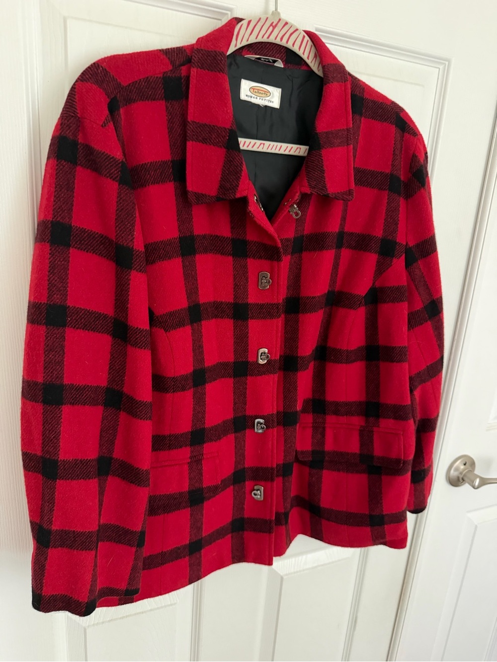 Talbots Red and Black Plaid Wool Pea Coat